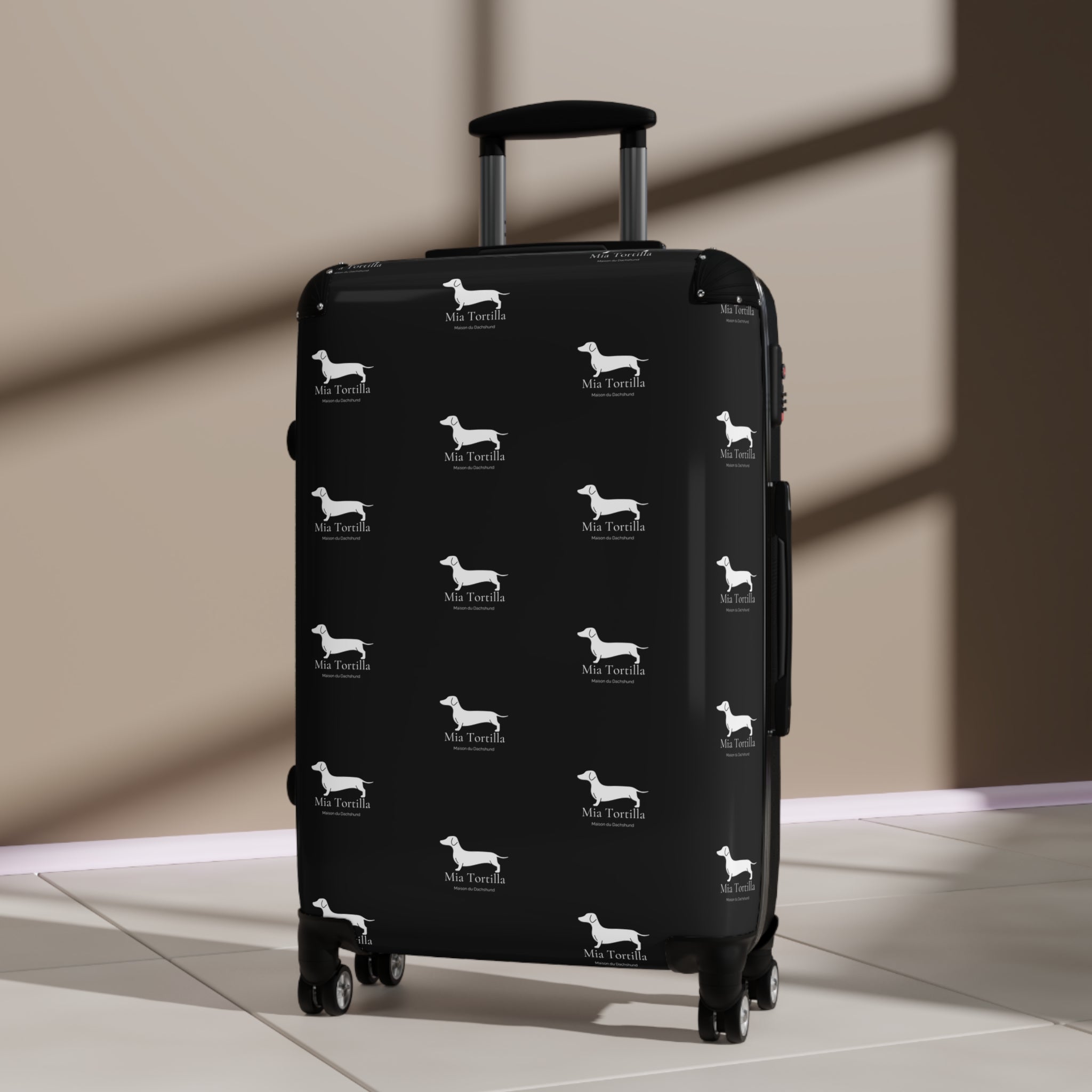 Mia Tortilla Suitcase — Dachshund Hard Shell Travel Luggage Allover logo