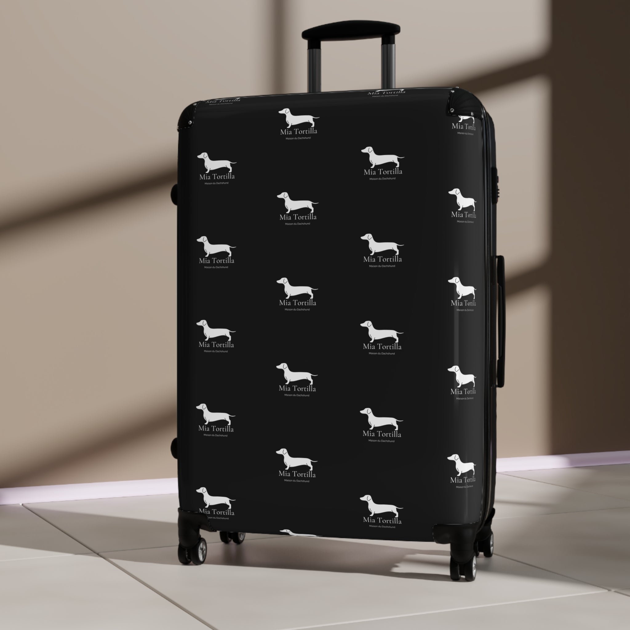 Mia Tortilla Suitcase — Dachshund Hard Shell Travel Luggage Allover logo
