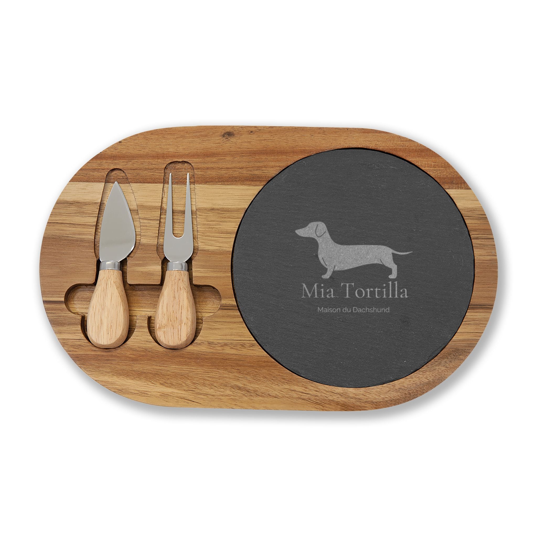 Mia Tortilla Charcuterie Board — Acacia & Slate with Cheese Knives