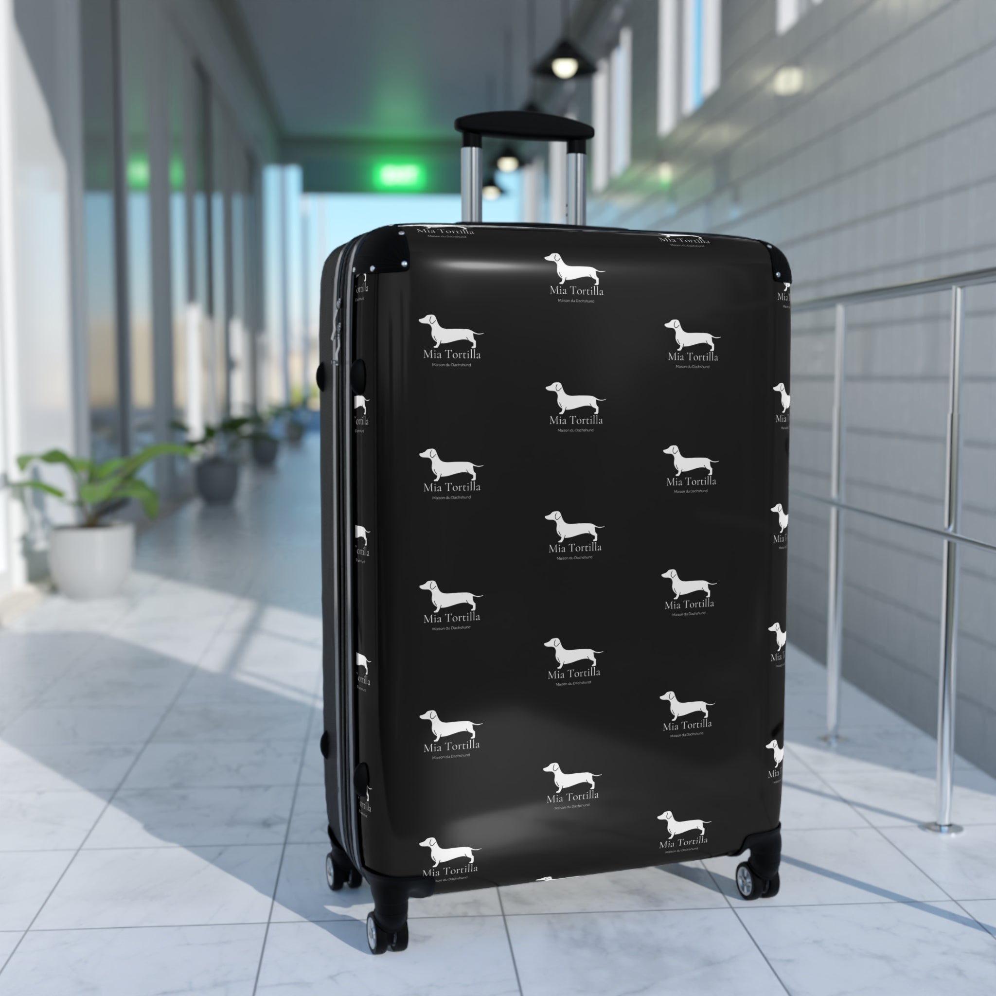 Mia Tortilla Suitcase — Dachshund Hard Shell Travel Luggage Allover logo