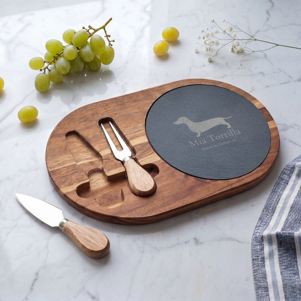 Mia Tortilla Charcuterie Board — Acacia & Slate with Cheese Knives